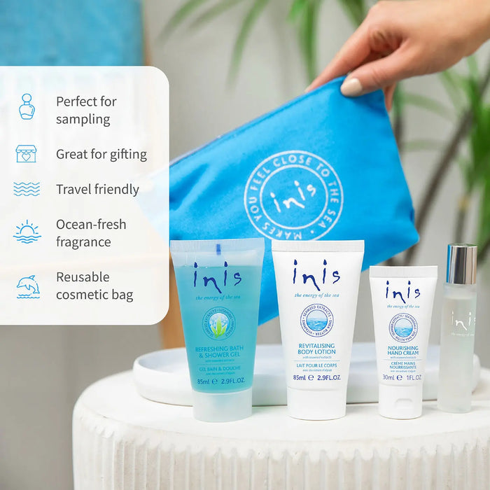 Inis products with a blue reusable cosmetic bag on a white surface.