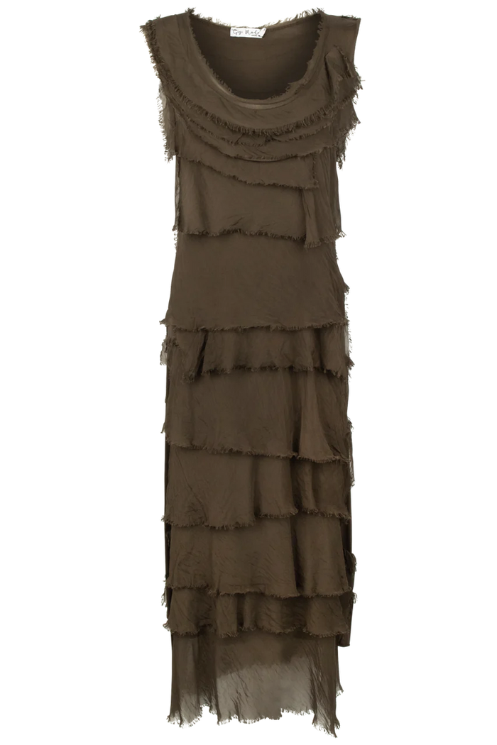 Washable Silk Sleeveless Ankle Length Ruffle Dress