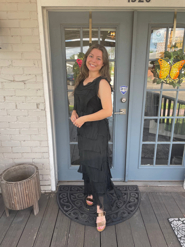 Washable Silk Sleeveless Ankle Length Ruffle Dress