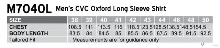 Sizing chart for Winning Spirit CVC Oxford LS Shirt m7040l men’s cvc oxford long sleeve