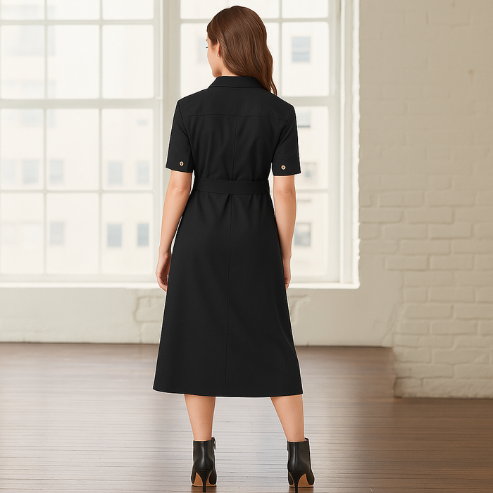 Womens Adele midi dress: black short-sleeved with collar and belt