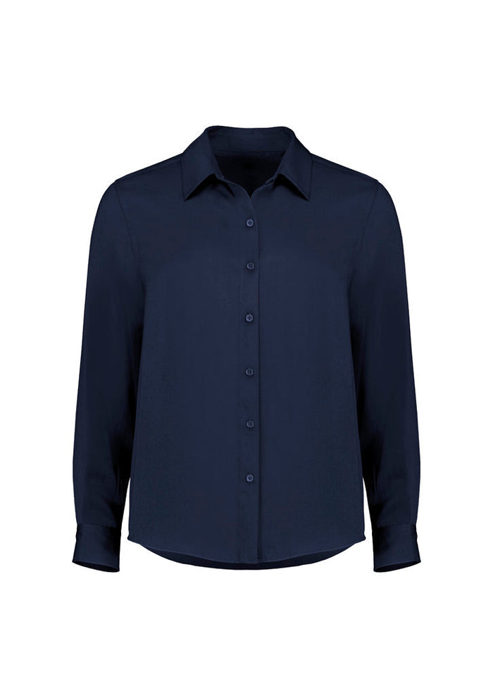 Sleek navy Evelyn long sleeve shirt with modesty bust buttons