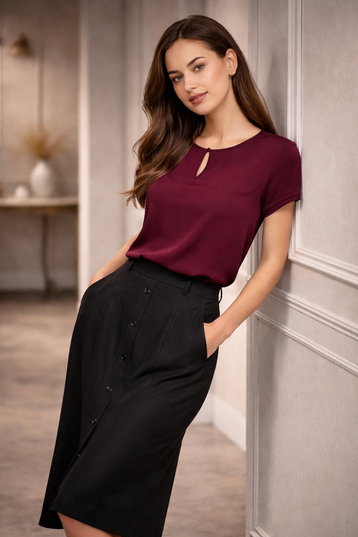 Womens Evelyn short sleeve blouse in burgundy with keyhole neckline smooth fabric perfect for workwear uniforms