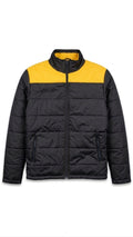 A black and yellow color-blocked puffer jacket with a full-zip front, stand-up collar, and zippered hand pockets, shown against a plain white background.