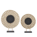 Woven Jute & Black Resin Medallions on Wood Stands