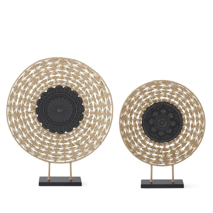 Woven Jute & Black Resin Medallions on Wood Stands